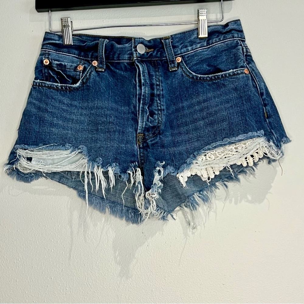 Free People Distressed Denim Daisy Duke Lace Button Fly Shorts - Size 27